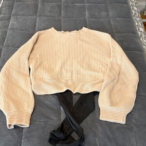 Astr Women's Ribbed Cream Sweater with satin black ribbon back